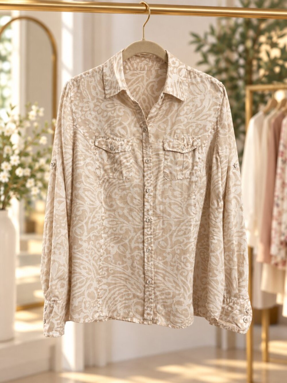 Charter Club 100% Linen Roll Tab Button Down Shirt Size 10 Beige Print